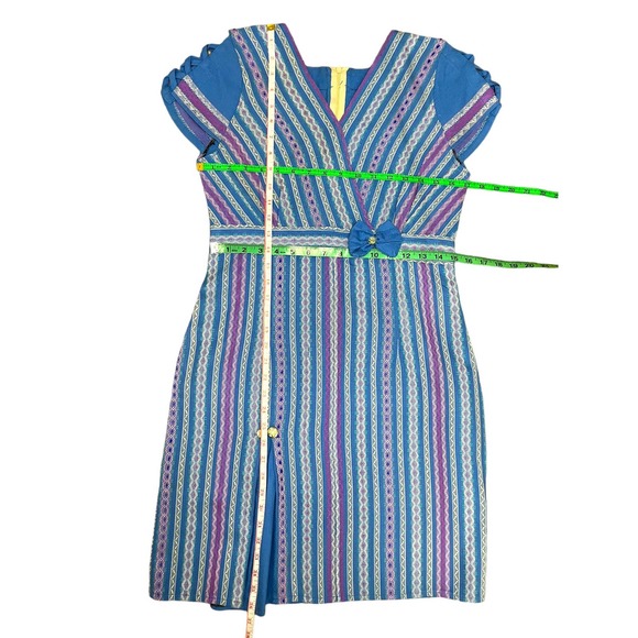 Vintage Retro Blue Quilted Striped Bow Dress with Cut Out Sleeve Small / Medium - Picture 11 of 11